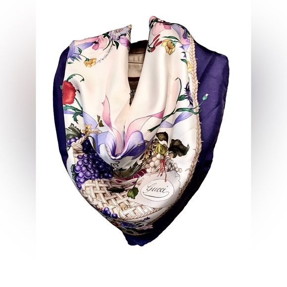 Gucci Vintage Silk Scarf in Floral and Fruit basket with Butterflies design - Picture 1 of 13